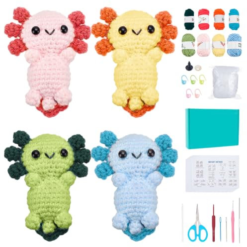 FREEBLOSS 4 Set Häkelset Axolotl Häkeln Häkelgarn Und Hakenset 8 Farben Häkel Starterset Mit Videoanleitung Häkeltier Set Basteln Für Erwachsene Anfänger Bastelbegeisterte