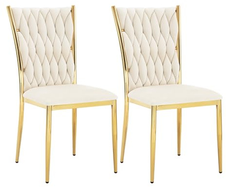 WOLTU Chaise Salle à Manger Lot de 2, Beige | Chaise de Cuisine en Velours, Siège Rembourré avec Dossier Haut Tissé Design, Pieds Métalliques