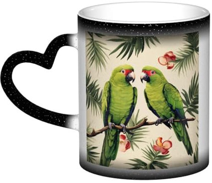 DFEPFKGOKL Tasse à café changeant de chaleur – Couple de perroquets olive – Tasse fascinante à changement de couleur dans le ciel, tasse magique en céramique de 325 ml pour cafés, bureaux, maisons