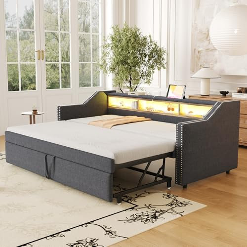 Polsterbett Ausziehbares Schlafsofa 90/180 x 190 cm, Multifunktionales Staufach, LED-Licht und USB-Buchse, mit Lattenrost, Dunkelgrau, ohne Matratze
