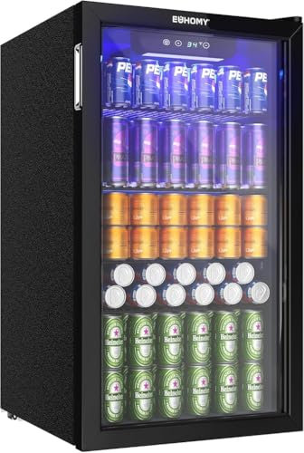 EUHOMY 90L Drinks Fridge, 126 Can Beer Fridge with Glass Door, Small Refrigerator with Adjustable Shelves for Soda Beer or Wine, Home/Bar/Office, Black, Steel, One-Touch Control