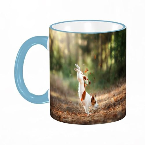 YOIUE Tasse aus Keramik - Große 11oz Tassen 330ml Kaffeetassen mit Henkel, 100% Handbemalt - Trinkgläser mit Griff - Weiß,Hund Jack Russell Terrier springen über die Blätter Herbststimmung