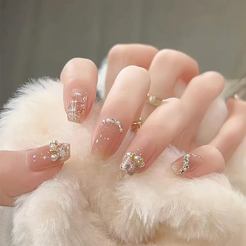 Square Stick On Nails Short Medium - Cat's Eye Tip False Nails With Glue, 30Pcs Pearl Flash False Nails, Fake Nail with Bead for Women Girls Nails Art, Nail Tips for Valentines Days Nails Art