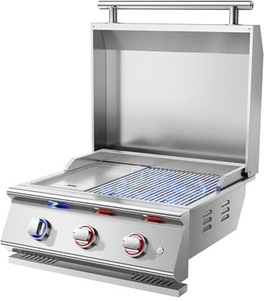 Livory 26 Inch BBQ Head Griddle Grill Combo for Outdoor Kitchen, Natural Gas Built-in Grills for Barbecue Island, 3-Burner, 3 * 14,000 BTU, Premium 304 Stainless Steel, Convertible to Liquid Propane