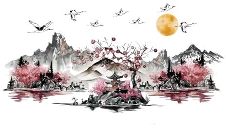 Japanese Mountain Landscape Wall Decal Sticker, Cherry Blossom Tree with Pagoda, Large Size 125 x 62 cm