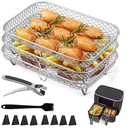 Air Fryer Racks, 3 Stück 304 Edelstahl Air Fryer Korb Tray | Heißluftfritteuse Zubehör 3 Schicht Stapelbar Luftfritteuse Racks mit Clip für Backofen Mikrowelle (Quadratisch)