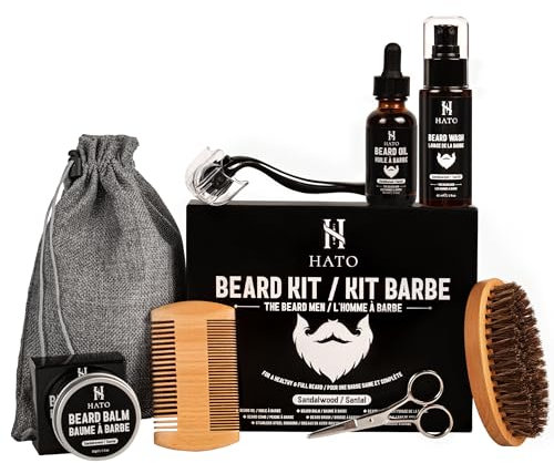 Hato Collection Coffret Soin Barbe Homme – Kit Complet avec Huile Croissance 30 ml, Baume Vitamine E 30 g, Shampoing Nourrissant Naturel 60 ml/Set Fortifiant & Nutritif au Bois De Santal