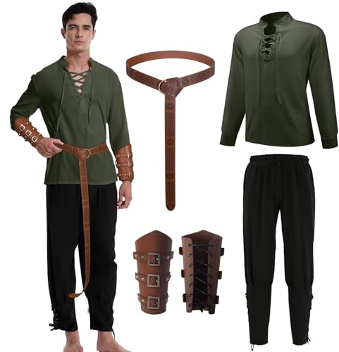 Mittelalter Kleidung Herren Renaissance Wikinger Kostüm mit Zubehör | Kostüm Herren Mittelalter Set Larp Kleidung Herren mit Hemd Hose Gürtel Handgelenkschützer für Halloween Karneval Cosplay