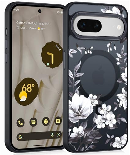 Coiwxmoi Magnetische Handyhülle für Google Pixel 7 5G 6,3 Hülle, Kompatibel mit MagSafe, Aesthetic Blumen Muster Transluzente Mädchen Case, Matte PC Dünn TPU Stoßfest Schutzhülle Cover - Schwarz 04