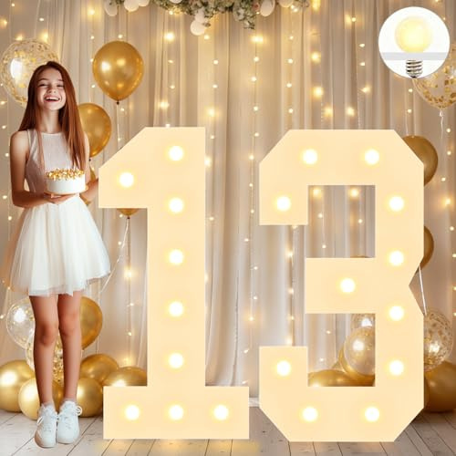 Vimlits Large 4FT Light Up Numbers Birthday Decoration, White Marquee Number Sign for 13th Party Anniversary Backdrop Wedding Big Mosaic Number Frame Foam Cardboard Pre-cut Number 13