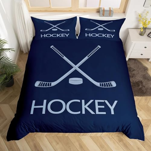 Hockey Bettwäsche 135x200 cm Kinder Bettwäsche-Set 3D Marineblau Bettbezüge Weiche Kuschelig Mikrofaser Bettbezug mit Reißverschluss und 2 Kissenbezüge 80x80 cm E-41