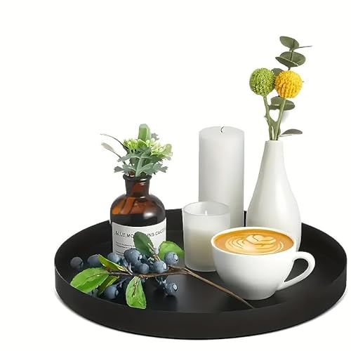 Vassoio rotondo nero opaco, 2 pezzi, 20 cm di diametro e 25 cm di diametro, vassoio rotondo in metallo antiscivolo per vasi, cosmetici, dessert, candele