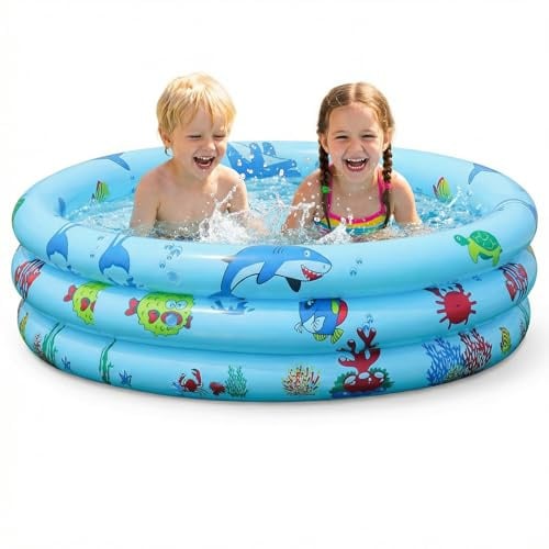 Planschbecken, Kinderpool Babypool 120cm Kinder Aufstellpool Aufblasbarem Baby Pool Rund Schwimmbecken Kinder Schwimmbad mit Aufblasbarem Sicherheits-Boden mit Kostenlose Luftpumpe