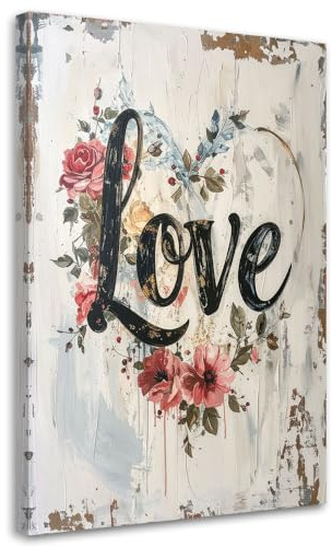 Feeby Leinwandbild - Bilder Wohnzimmer - Shabby Chic Rose Liebesinschrift - 60x90 1tlg - Deko Schlafzimmer - Wanddekoration - Aesthetic - Groß Moderne Bild - Foto auf Leinwand