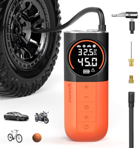 ETENWOLF S1 Elektrische Luftpumpe,11 Bar Tragbarer Luftkompressor | Schnell-Inflation Reifenpumpe für Autoreifen, Fahrrad, Bälle,Motorrad,Akku Luftpumpe mit LED Licht & Digitalem Manometer
