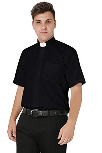 IvyRobes Camisa de Cura Clerical de Manga Corta para Hombre Camisa Alzacuellos Cuello con Pestañas Clero Sacerdote Negro