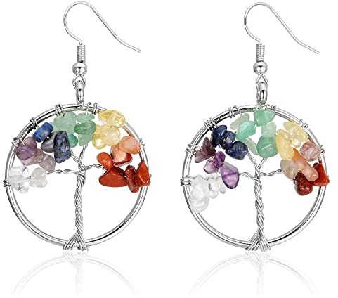 JOVIVI Women Silver Tree Of Life Drop Earrings 7 Chakra Matural Tumbled Gemstone Wire Wrapped Crystal Dangle Dangly Earrings for Girls Ladies Bohemian Jewellery Mothers Day Mum Gifts