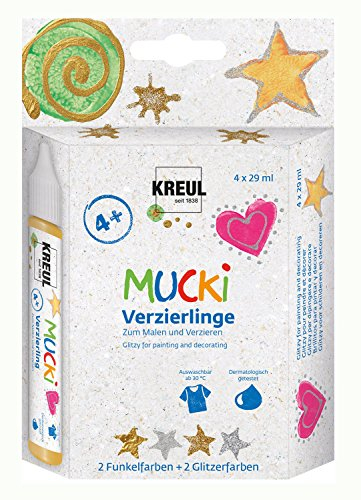 KREUL 24340 - Mucki Verzierling Set, 4 x 29 ml funkel silber und gold, glitzer silber und gold, Kindereffektfarbe auf Wasserbasis, parabenfrei, glutenfrei, laktosefrei, vegan, auswaschbar