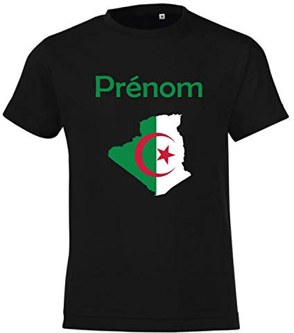 YONACREA T-Shirt Enfant Noir Carte Algérie avec Son Drapeau - Personnalisable avec Le prénom de Votre Choix - 2 Ans