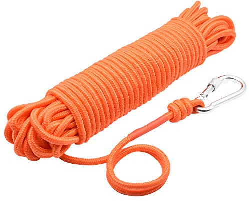 HHOOMY Magnetangel-Seil mit Metallhaken, 20m Nylon-Seil (8mm) - Hochfestes Allzweckseil für Outdoor & Haushalt, Orange