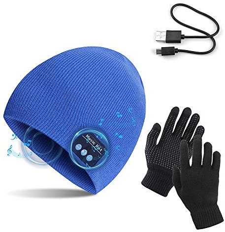 TAGVO Bluetooth V5.0 Beanie mit Touchscreen Handschuhen Set, Winter Warm Gestrickte Drahtlose Bluetooth Headset Musik Hut für Laufen Skifahren Wandern