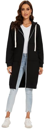 YOSICIL Damen Herbst Winter Outing Stil Frauen Warm Reißverschluss Öffnen Clubbing Dating Elegante Hoodies Sweatshirt Langen Mantel Jacke Tops Outwear Hoodie Outwear Kapuzenpullover,Schwarz,XL