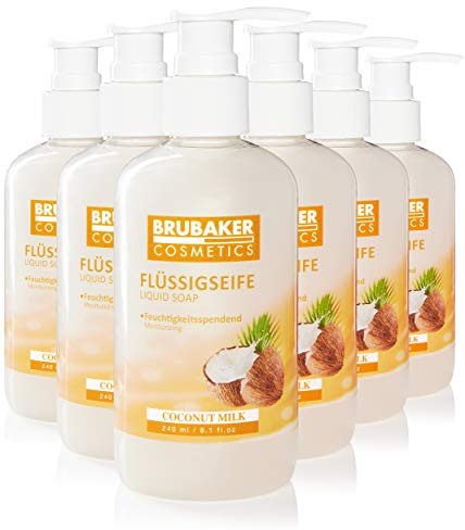 BRUBAKER Cosmetics 6er Pack Handwaschlotion Flüssigseife Kokosnuss - 6 x 240 ml im praktischen Spender - reinigt sanft und spendet Feuchtigkeit - für hygienisch saubere Hände