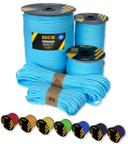 EdcX Paracord 4 mm, 35+ Volltonfarben (10 m, 15 m, 30 m, 50 m, 100 m, 300 m) | Ideal zum Basteln, Camping, Outdoor | 100% Nylonseil 4 mm| Taktische Schnur 550 Typ III (Skylight, 15 m)