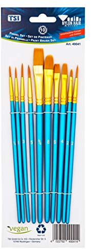 TSI Set de pinceaux en Nylon, Lot de 10, avec Les Tailles 1,2,2/0,3,5 (pinceaux Ronds) - 2,8 (pinceaux à Langue de Chat) - 4,6,5/8 (pinceaux Plats), Art. n° 49041