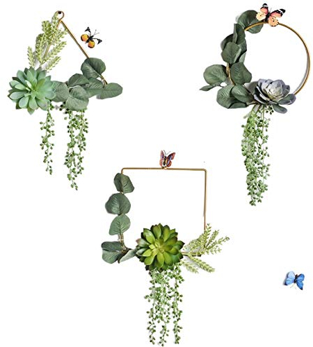 Yundxi 3 Stück Künstliche Blumenkränze Hängende Deko Wandkranz Geometrische Metallring Kranz Wanddeko Türdeko Makramee zum Basteln (3 x Runde Sukkulente)