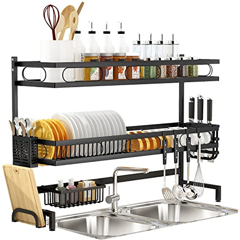 BeCeLe Dish Drying Rack,3 Tier Dish Drainer Rack Large with Cutboard Stand,Utensils Cutlery Drainer,Kitchen Dish Draining Racks Black Over The Sink