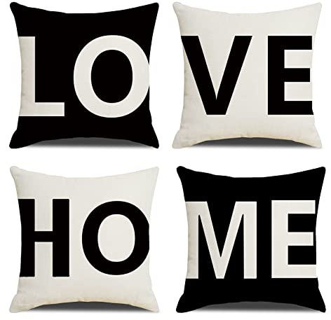 MYCDXE Dekorativ Kissenbezüge 4er Set Love Home Kissenbezug Kissenhülle Baumwolle Leinen Werfen Sie Kissenbezüge 45x45cm Schwarz
