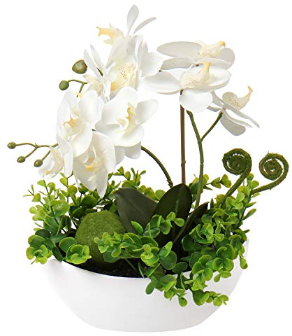 Oairse Artificial Flowers Artificial Orchid in Pots White Fake Flowers Real Touch Phalaenopsis Silk Flower Faux Orchid Plant Arrangment Decorative Artificial Flora for Home Room Kichen Wedding, 34CM