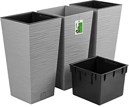 PAFEN 3X Blumentopf mit Einsatz - 29,5 x 29,5 x 55 cm - Pflanzkübel inspiriert Natur: Kiefernnadeln, Hoher Blumenkübel Quadratisch Pflanztopf, Grau