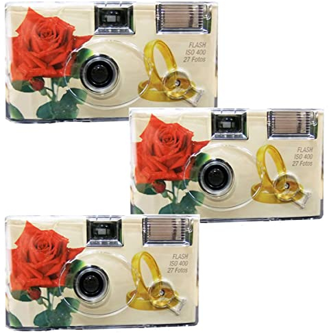 Lot de 3 appareils photo jetables 1A PORST - Roses de mariage - Avec anneaux - 27 photos