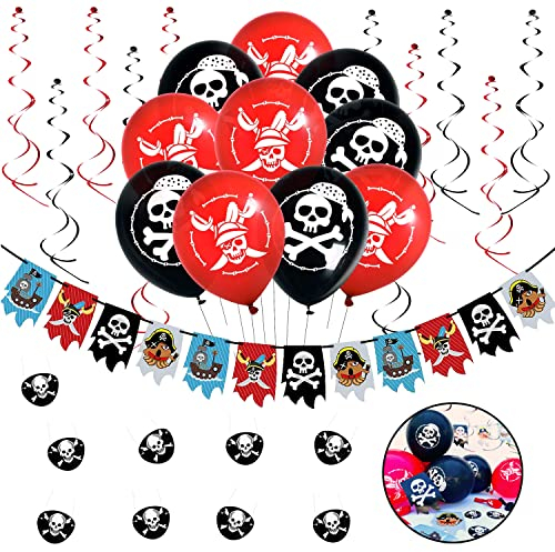 Oblique Unique® Piraten Party Kindergeburtstag Deko Set - Piraten Girlande + Totenkopf Luftballons + Augenklappen + Spiral Girlanden