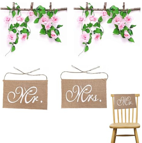 Hoshisea 4 Stück Mr & Mrs Schild Stuhl Hochzeit, Braut Bräutigam Stuhlschild Set, Blumengirlande Rosen, Benutzt für Stuhl-Logo, Country Party Dekor, Outdoor Garten Hochzeits Dekor
