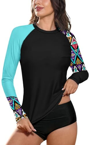 BesserBay Women's Stretchable Surfing Rash Guard Sun Protection Long Sleeve Quick Drying Swimming UV top Colourful Patterns L