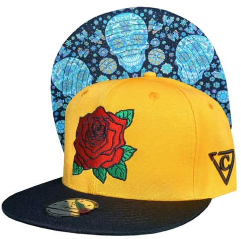 Capiche [99+ Designs] Gelber Snapback Hut, Day of The Dead 2 Yellow, Basecap, Snapback Herren, Snapback Caps, Mexikaner Hut, Totenkopf Design, Blumen Totenkopfkappe, Rotes Rosen Logo, Bommelmütze
