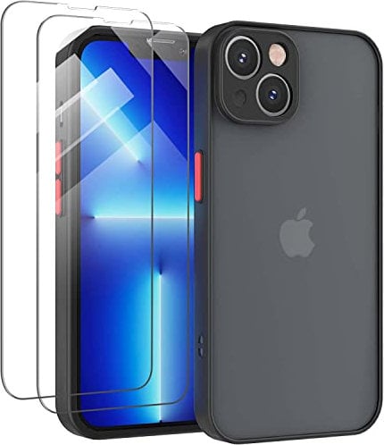 KIOMY case for iPhone 13 with 2pcs HD Tempered Glass Screen Protectors, Translucent Matte Protection Cover with Soft Edge, Hard PC Back and TPU Frame Hybrid Anti Yellow Slim fit Shell, 6.1'' Black