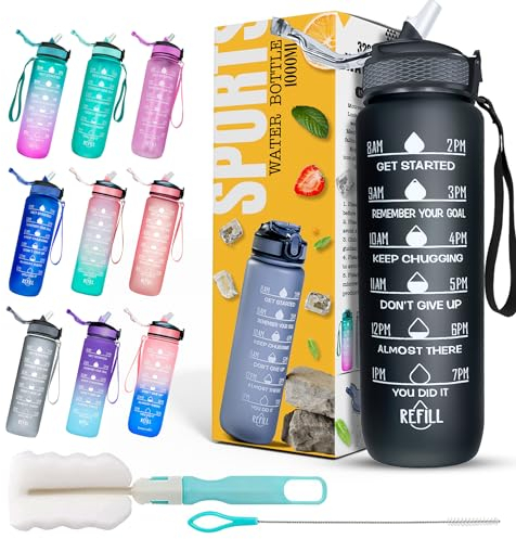 K-MART Sports Water Bottle with Straw and Time Marking, and 32OZ Capacity - Motivational and Eco-Friendly BPA-Free Bottle for Running, Gym, Yoga, Outdoors, and Camping (Style-1, Black)
