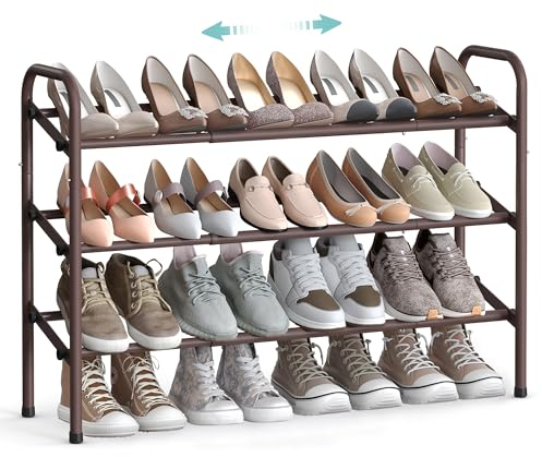SONGMICS Zapatero Extensible, Zapatero de Metal de 3 Niveles, Organizador de Zapatos Ajustable, Estante Zapatos para Pasillo, Armario, Puerta, Fácil Montaje, Bronce LMR039A01
