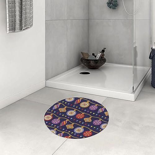 Badezimmerteppich rutschfest Weihnachten mit spitzen Linien Cartoon-Stil Weihnachtsmotiven auf lila Jolly Waschbar teppich rund Weich Flauschig Badteppich Weich Kurzflor Mikrofaser Badvorleger 60 cm