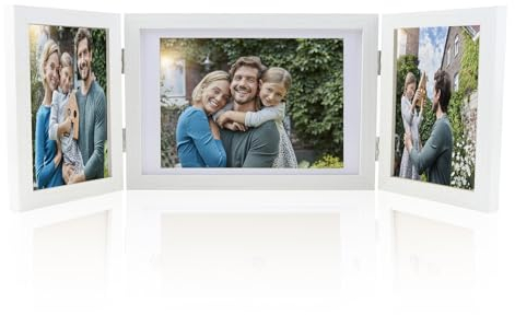 ZJRung Dreifach Bilderrahmen Holz Bilderrahmen zum Aufstellen Faltbar 13 x 18cm und 10 x 15cm Weißer Fotorahmen Collage für Hochzeit Familie Foto Wand Schreibtisch Dekoration