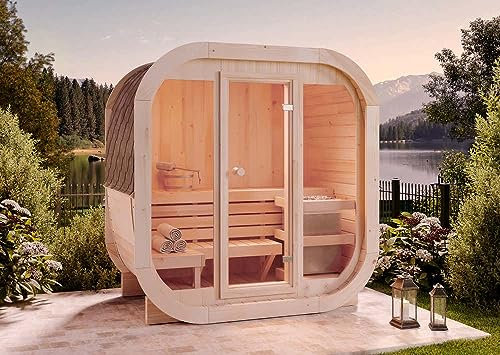 FinnTherm Fasssauna ScandiCube Mini XXS, Moderne Outdoor Sauna inkl. Dacheindeckung und Fußboden, Ø 214 x 130 cm, 4,5 m³ Volumen, Gartensauna mit 42 mm Wandstärke, Außensauna aus nordischer Fichte