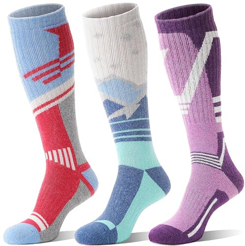 Merino Wollsocken Skisocken Warme Thermosocken Thermo Dicke Wintersocken für Herren Damen Winter Ski Geschenke Socken 3 Paare(Rot/Blau/Violett, M)