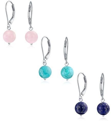 Ensemble De Trois Boucles D'Oreilles Pendantes À Levier Avec Perles Rondes Simples En Turquoise Stabilisée Rose Pour Femmes. Argent Sterling .925 Pierre De Naissance De Décembre