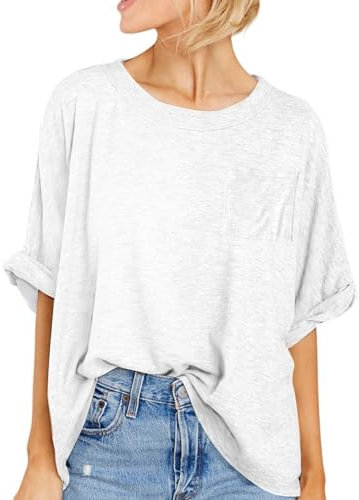 Famulily Ladies Oversized T Shirt Short Sleeve Loose Casual Basic Tshirts Summer Tee Tops (L,White)