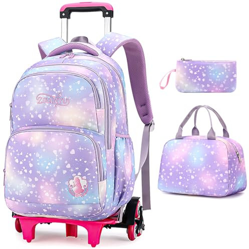 Voici et Voila 3PCS Schulrucksack Rollen Mädchen Trolley Rucksack mit Rollen Mädchen Teenager Schultasche Grundschule Rollen Backpack Teens Girl Lila 32X18X45cm