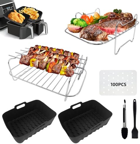 Air Fryer Accessories Compatible for Ninja Dual AF400UK & AF451UK - Silicone Liners, Racks, Brush, Tong, Baking Paper Compatible with Ninja AF400UK AF451UK TOWER T17088 for Ninja Dual Air Fryer 9.5L